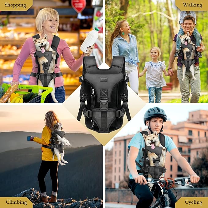 Dog Front Carrier Backpack, Legs Out Secure-Fit Pet Chest Carrier for Small Dogs (6-17 lbs), Adjustable Pet Carriers with Safety Belt, Hands Free Dog Backpack Carriers for Hiking Cycling (M, Black)