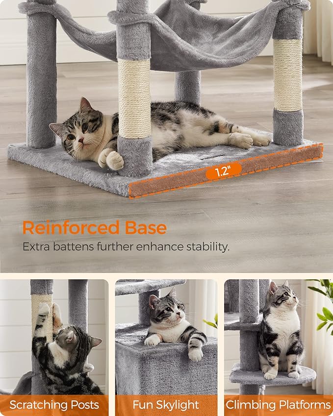 Feandrea Cat Tree, 75.2-Inch Cat Tower for Indoor Cats, Plush Multi-Level Cat Condo with 5 Scratching Posts, 2 Perches, 2 Caves, Hammock, 2 Pompoms, Light Gray UPCT191W01