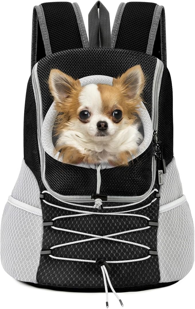 Pawaboo Pet Dog Carrier Backpack, Puppy Dog Travel Front Carrier for Small Medium Dogs Cats, Adjustable Breathable Dog Carrying Backpack with Safety Strips for Hiking, Walking (Black M Up to 10 lbs)
