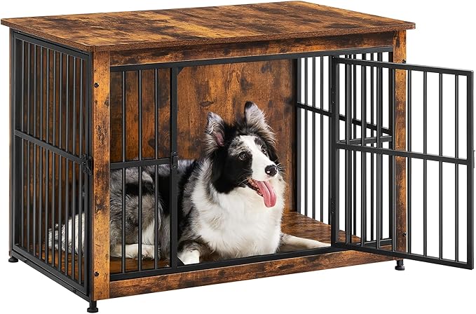 Feandrea Dog Crate Furniture, 38.6" Side End Table, Modern Kennel for Dogs Indoor up to 70 lb, Heavy-Duty Dog Cage with Enclosed Base, Double-Door Dog House, Rustic Brown UPFC023X01