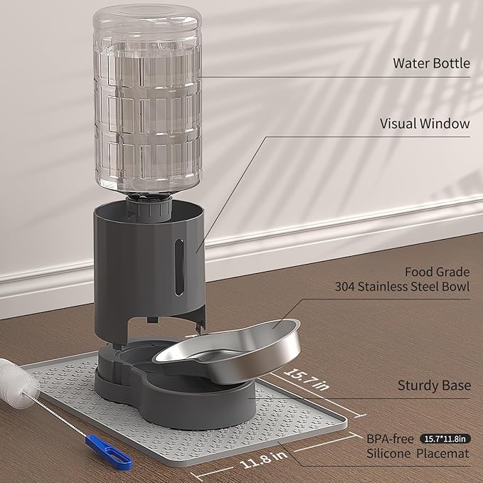Cat Water Dispenser with Placemat and Stainless Steel Bowl, Automatic Gravity Water Dispenser for Cats or Small Medium Size Dogs, Large Capacity, Easy to Clean and Safe for Pets (4L)