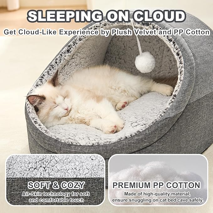 Jiupety Cute Cat Beds for Indoor Cats, Cat Cave Bed and Kitten Bed, Large Cat Cave and Covered Cat Bed with Anti-Slip Bottom, Washable Removable Cushion, M(16"x16"x13"), Dark Gray.