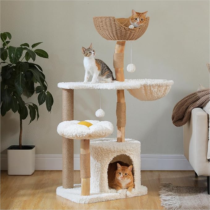 PETEPELA Cat Tree for Large Cats, 48.5" Natural Solid Wood Cat Tower with Big Rattan Basket, Cozy Condo & Flower Cat Tree with Large Perch for Indoor Cats, Kittens, White