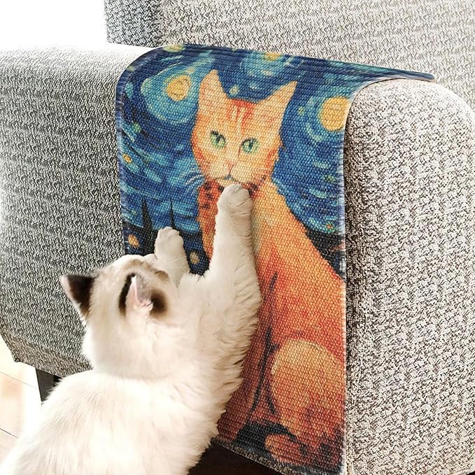 3-in-1 Sisal Cat Scratch Mat 23.6x15.7'' Floor & Wall Cat Scratcher Pad, Protects Carpet Couch & Furniture with Sticker Tape, Anti-Slip, Durable for Indoor Outdoor Cats (Ginger Cat Under The Stars)