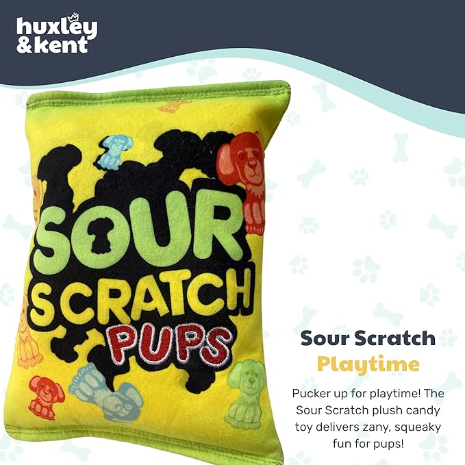 Huxley & Kent Funny Dog Toy w/Squeaker – Power Plush Squeaky Dog Toys for Small, Medium & Large Dogs – Soft Stuffed Animal for Indoor Play & Fetch - Sour Scratch, Small