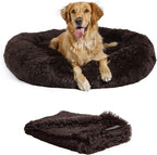 Best Friends by Sheri Bundle Set The Original Calming Shag Donut Cuddler Cat and Dog Bed + Pet Throw Blanket Dark Chocolate Extra Large 45" x 45"