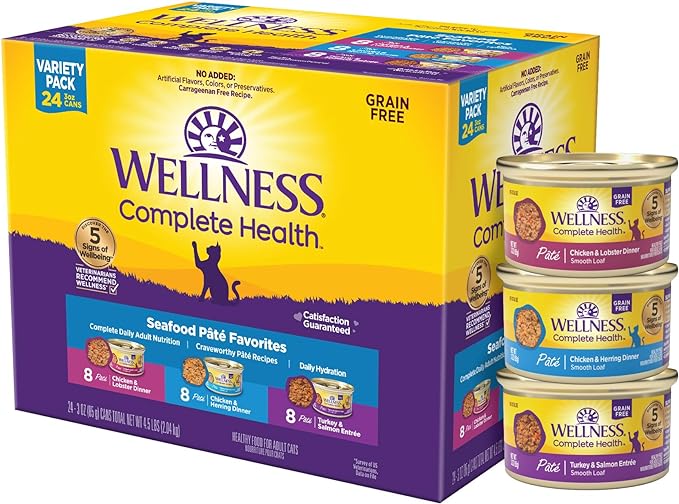 Wellness Complete Health Pate Adult Wet Cat Food, Natural, Protein-Rich, Grain-Free, 3 Ounce, 24 Pack, (Seafood Favorites Variety Pack)