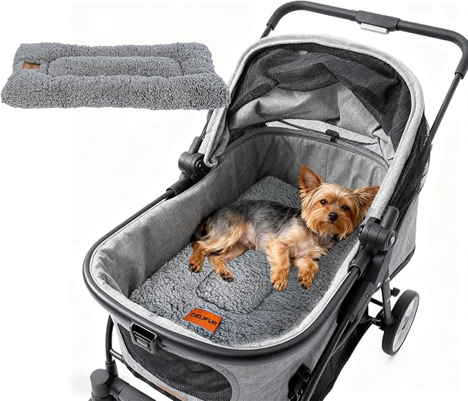 DELIFUR Warm Pet Stroller Pad - Non-Slip Kitten Puppy Bed Mat Soft Plush Winter Liner with Silicone Grips for Crate & Hard Floors Machine Washable Grey