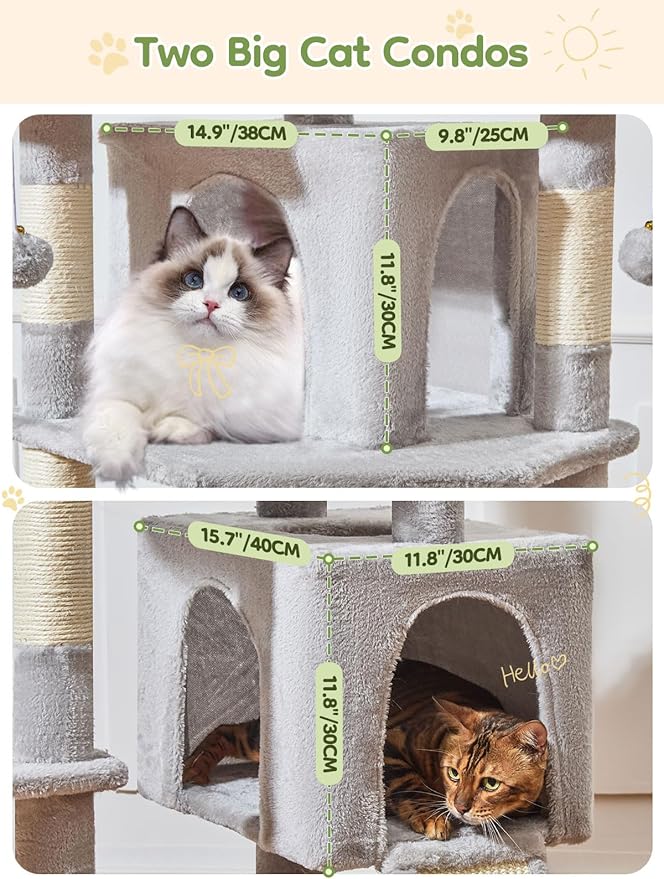 Taoqimiao 76-Inch Cat Tree with Scratching Posts,XXL Cat Tower for Large Cats with Cat Scratching Board,Extra-Large Metal Hammock,3 Perches, 2 Big Condos, Hanging Basket,MS047W,Light Gray