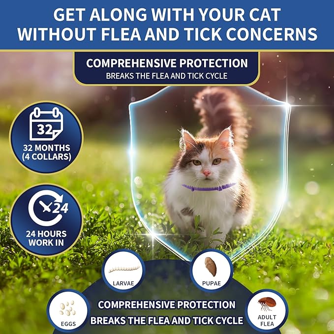 4 Pack Flea Collar for Cats, 32 Months Flea and Tick Prevention for Cat, Waterproof Cat Flea Collar, Natural Flea Treatment, Adjustable Fleas and Ticks Collars for Cats Kittens(Grey&Purple)
