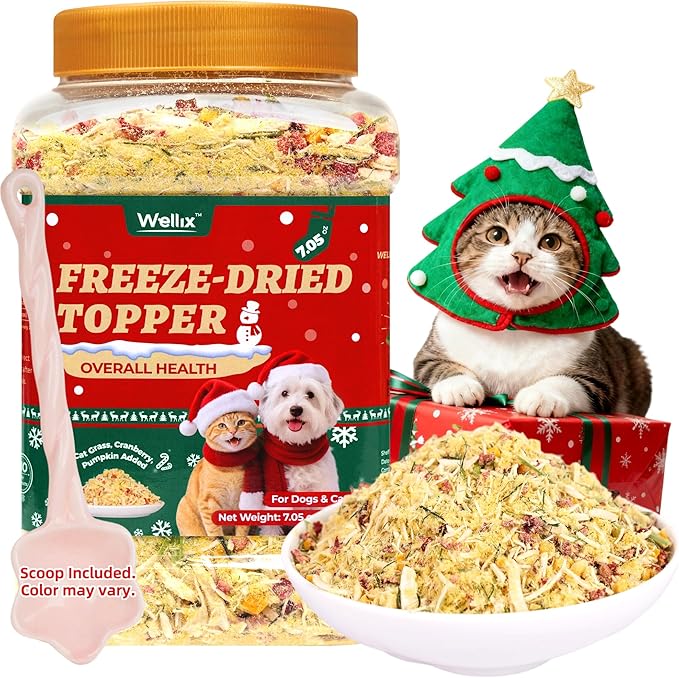 Wellix Cat Christmas Treats Freeze Dried for Cats&Dogs - High Protein Dog&Cat Food Topper 3 Ingredients Added (Cat Grass/Cranberry/Pumpkin) for Puppy or Kitten Treat 7.05oz