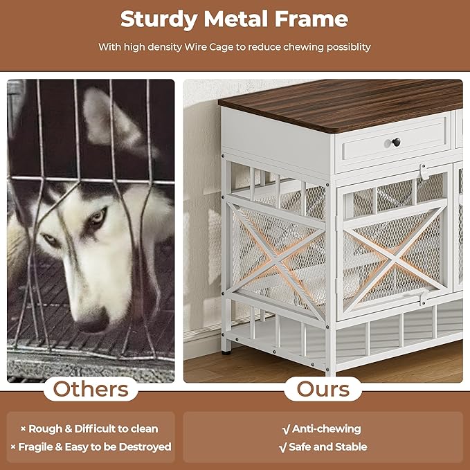 IRONCK 44 inch Large Dog Crate Furniture, Wooden Dog Kennel with Storage Drawers for Medium/Large Dogs, Decorative Dogs Kennel Indoor, White and Walnut