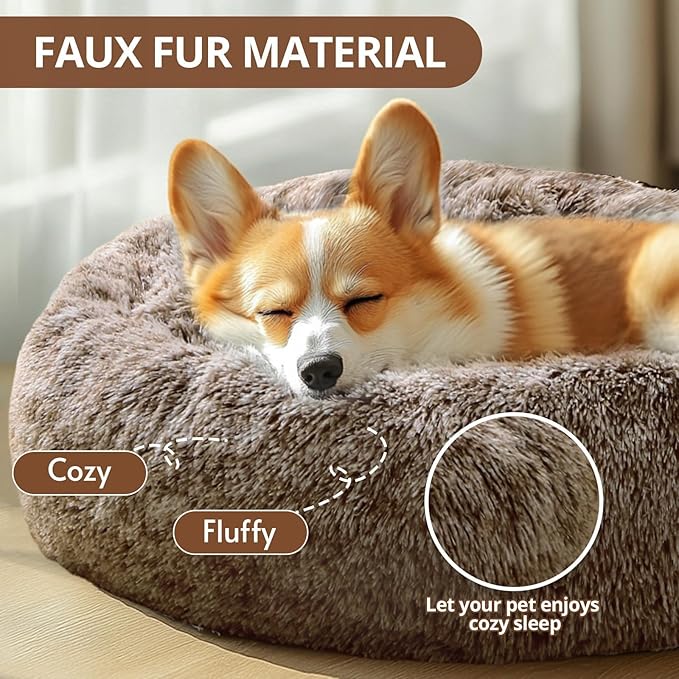 JOLLYVOGUE Medium Calming Dog Bed, Anti-Anxiety Donut Cuddler Cat Bed with Anti-Slip Bottom, Fluffy Faux Fur Machine Washable Pet Cushion for Medium Large Dog & Cat, 31"/Smoke Brown