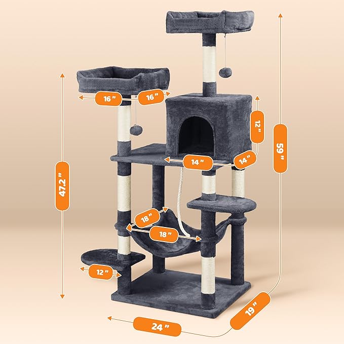 Yaheetech 59in Cat Tree Large Cat Tower with Scratching Posts, Pet Play House Climber Activity Center with Condo and Anti-Dump Device for Kittens/Cats, Dark Gray