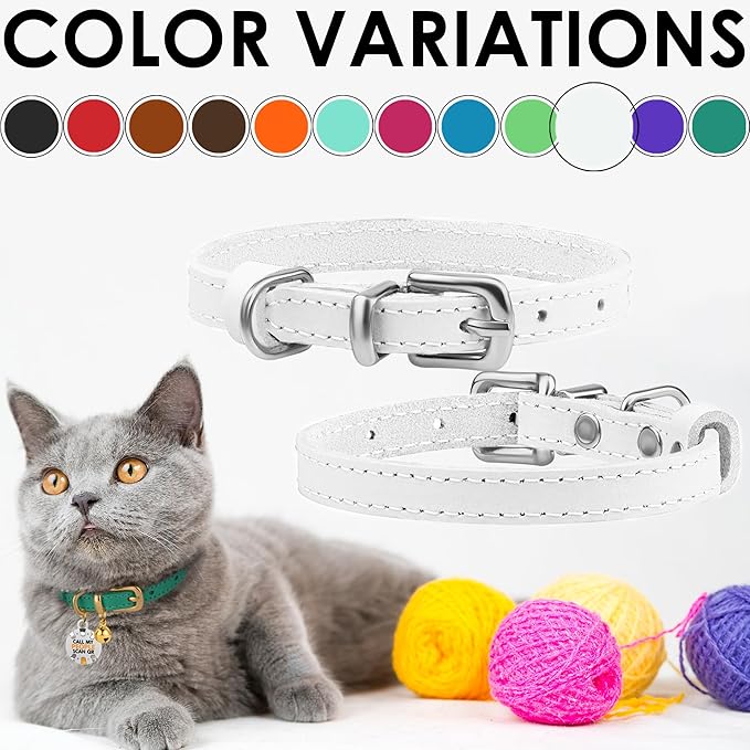 BRONZEDOG Leather Cat Collar with Removable Bells Non Breakaway Kitten QR Tag for Girl Boy (9" - 12" Cats/Mini Dogs, White & Silver)