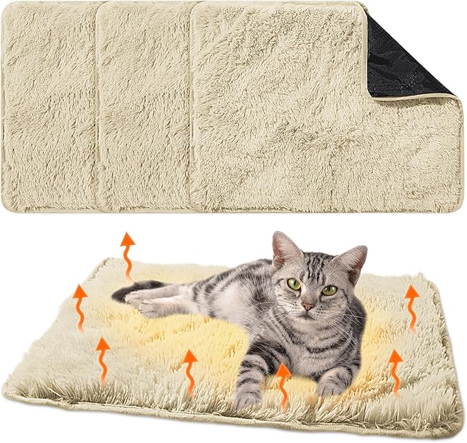4 Pack Self Warming Cat Bed Pad Self Heating Cat Dog Mat with Fluffy Faux Fur Plush Cat Calming Bed Thermal Cat Mat Washable Pet Pad Anti Slip Bottom for Outdoor Indoor Pets (Camel,16" X 20")