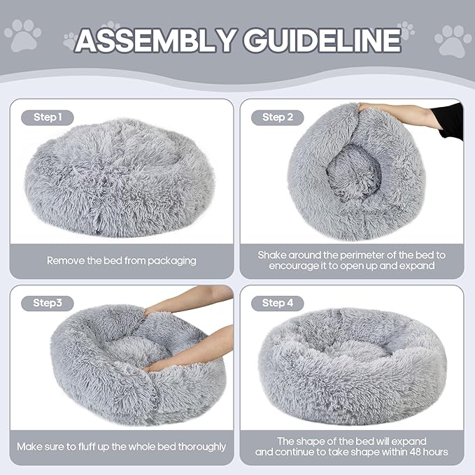 Calming Round Cute Cat & Dog Bed, Anti-Slip Washable Cozy Soft Round Pet Bed, Fluffy Faux Fur Plush Dog Cuddler Bed Fits up to 25 lbs Dogs and Cats(Donut Light Grey, 24inch x 24inch)