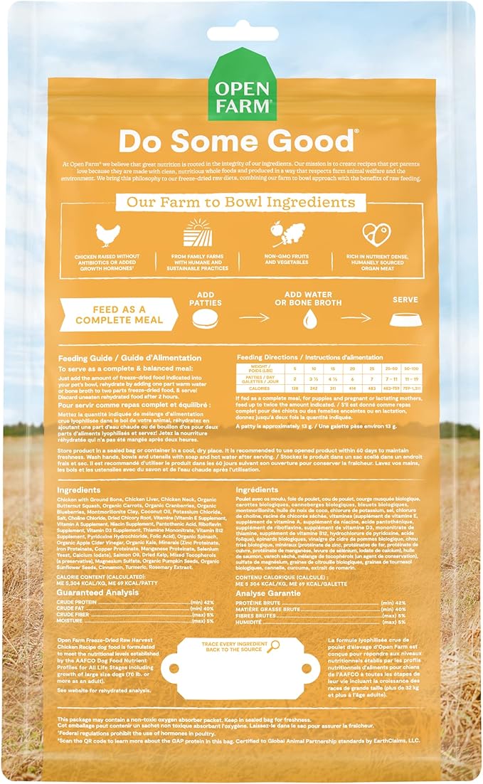 Open Farm, Freeze Dried Raw Dog Food, Patties with 95% Meat, Organs & Bone, Complete Meal or Freeze Dried Dog Food Mixer, Chicken Recipe, 17.5oz Bag