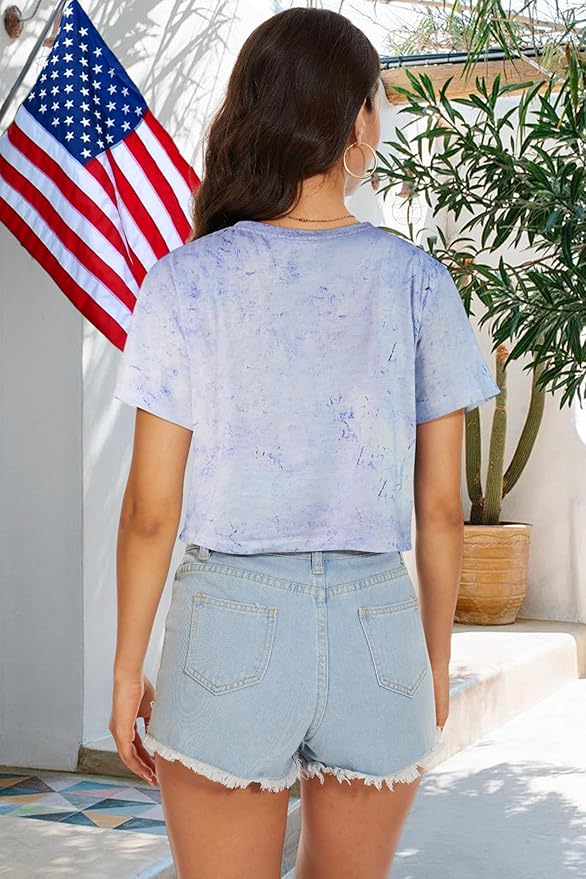 Womens Summer Crop Tops Short Sleeve Round Neck T-Shirts Loose Fit Casual Blouse