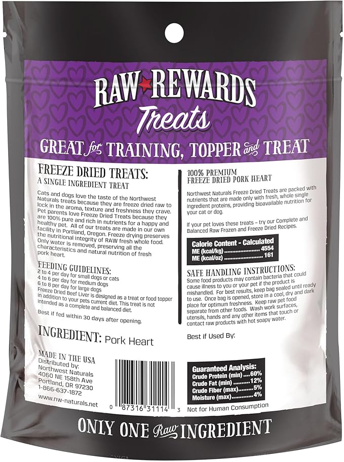 Northwest Naturals Raw Rewards Freeze-Dried Pork Heart Treats for Dogs and Cats - Bite-Sized Pieces - Healthy, 1 Ingredient, Human Grade Ingredients, All Natural, Proudly Made in USA, 3 Oz (Pack of 3)
