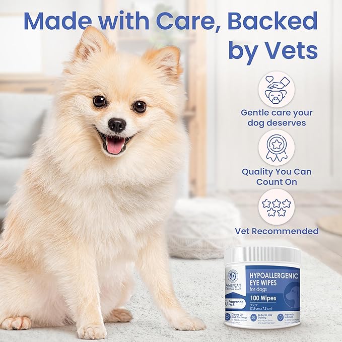 AKC Pet Eye Wipes for Dogs & Cats – Tear Stain Remover & Eye Discharge Cleaner – Hypoallergenic Grooming Wipes, 100 Count (Unscented) AKC 3 * 3" PET Eye Wipes UNSCENTED 100 Count