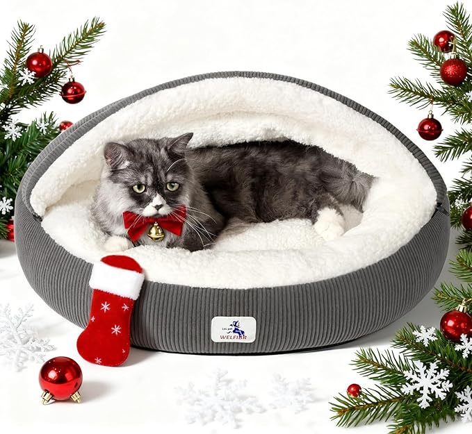 23" Covered Cat Bed Cave for Indoor Cats and Small Dogs - Enclosed Cozy Pet Bed with Hooded Roof for Added Security & Warmth, Washable & Removable Cushion, Anti-Slip Bottom Cat House, Gray