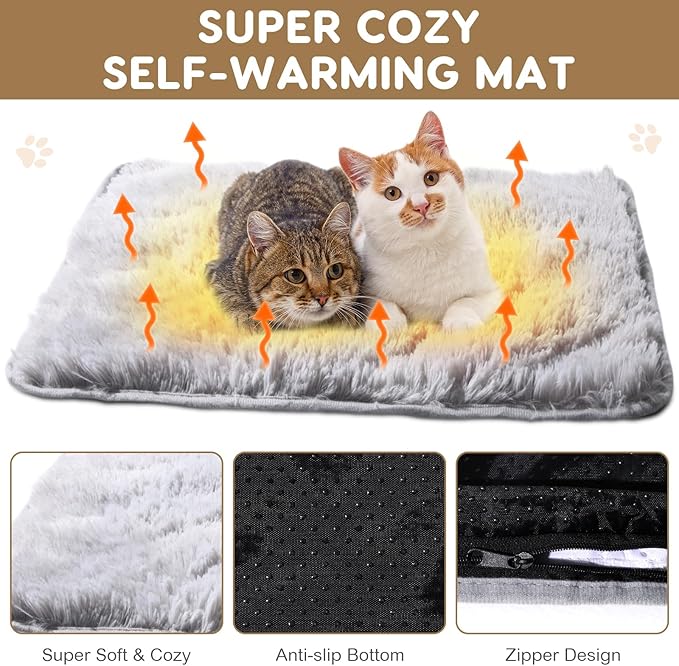 4 Pack Self Warming Cat Bed Pad Self Heating Cat Dog Mat with Fluffy Faux Fur Plush Cat Calming Bed Thermal Cat Mat Washable Pet Pad Anti Slip Bottom for Outdoor Indoor Pets(Grey,19 X 29)