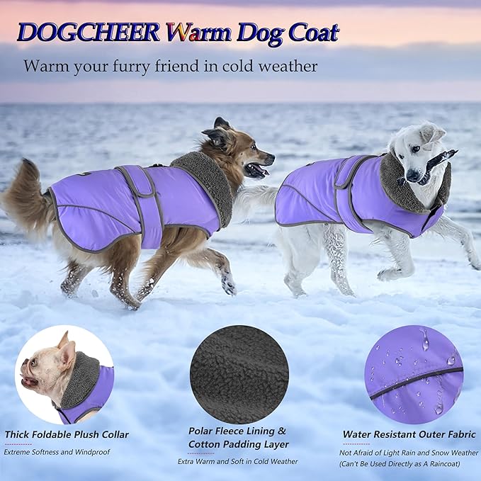 Dogcheer Dog Coat, Christmas Dog Jacket Waterproof Puppy Winter Coat for Cold Weather, Reflective Pet Snow Jacket Warm Turtleneck Fleece Sweater for Small Medium Large Dogs - Taro Purple, S