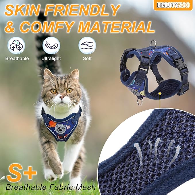 BEAUTYZOO Cat Harness and Leash Escape Proof for Walking[MAX Safety Upgrade]- Neck Release Adjustable Harness for Cats Puppy,Soft Comfortable Lightweight & Reflective Travel Kitten Harness for Outdoor