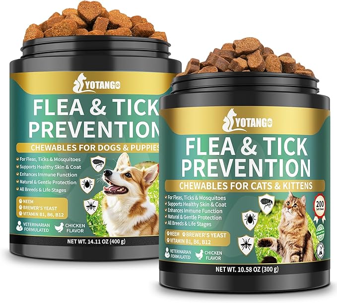 YOTANGO Natural Flea & Tick Support Chews for Cats & Dogs, 2-Pack Bundle for Natural Flea Prevention & Skin Health, 400 Chews Total, Safe & Effective, Plant-Based Formula for All Breeds