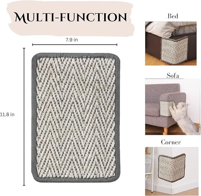 Boho Sisal Cat Scratcher Mat with Hook and Loop Strips (Scratch Protector for Carpet, Sofa, Wall and Furniture), Durable and Shedding-Resistant Surface (Mini 2-Pack, Fishbone)