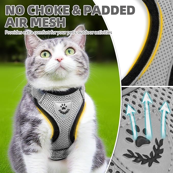 PUPTECK Cat Harness and Leash Set Escape Proof Reflective Cat Walking Harness Adjustable Soft Breathable Mesh Vest for Small Pets, Grey, M