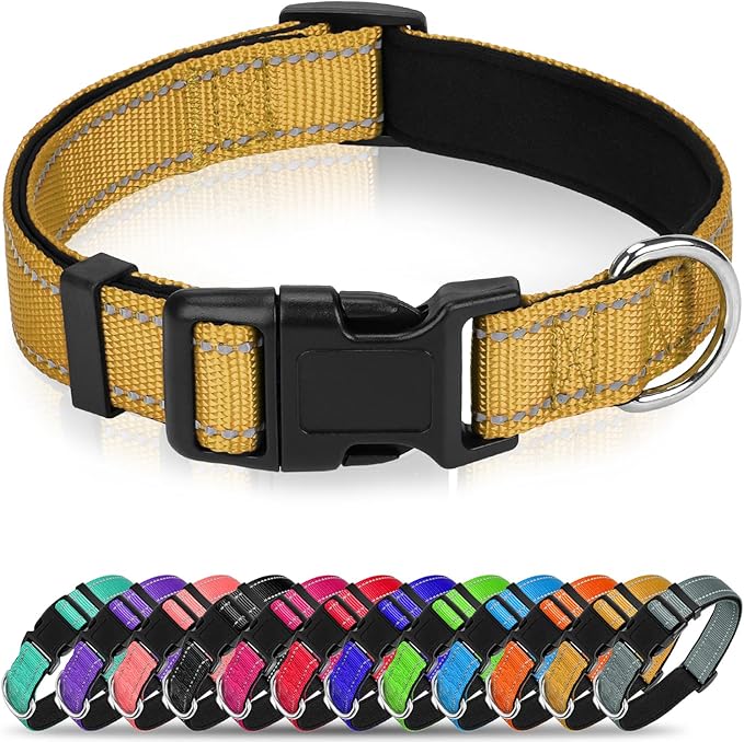 Reflective Dog Collar, Soft Neoprene Padded Nylon Pet Collar with Quick-Release Buckle, Adjustable for Mediunm Dogs,Khaki,M, 3/4" Width