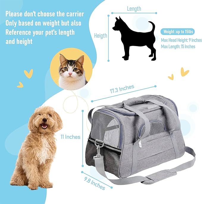 Expandable Cat Carrier for Travel, Soft-Sided Pet Carrier for Cats and Small Dogs, Airline Approved, Comfortable & Breathable Cat Carrying Bag with Adjustable Strap for Daily Use & Airplane(Gray)