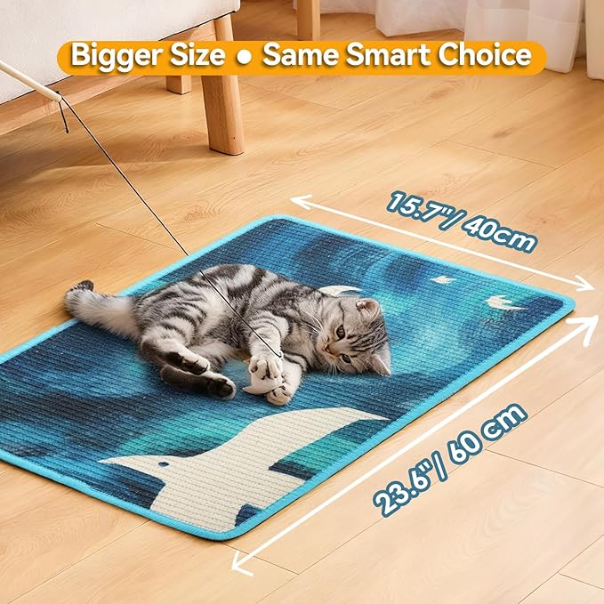 3-in-1 Sisal Cat Scratcher Mat 23.6x15.7'' Protects Carpet Couch & Furniture with Sticker Tape, Floor & Wall Cat Scratching Pad, Anti-Slip, Durable for Indoor Outdoor Cats (Blue Skyward)