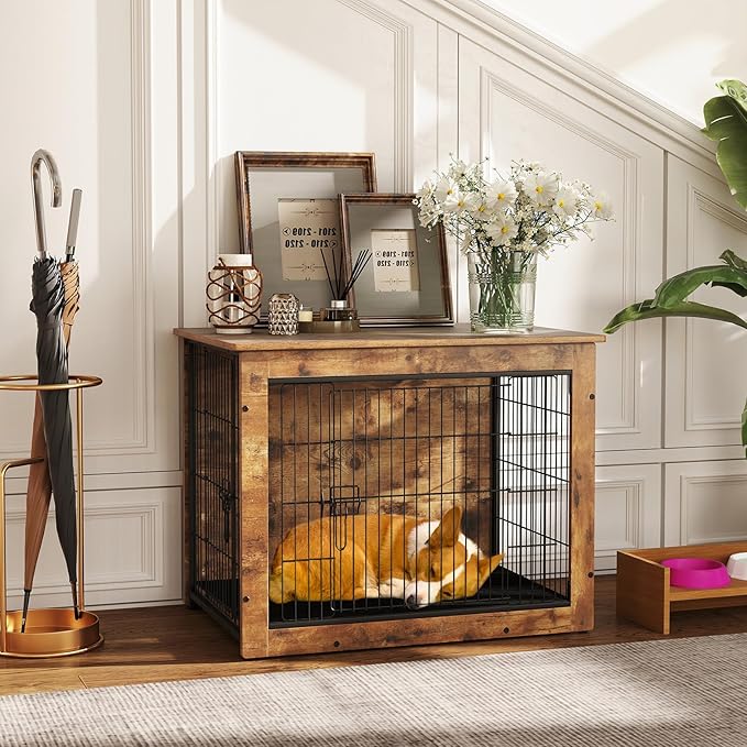 PETSITE Dog Crate Furniture for Small/Medium Dogs, 33" Indoor Pet House Side End Table w/Cushion, Double Doors, Heavy-Duty Chew-Resistant Wood Metal Dog Kennel up to 45 LBS (33 x 22 x 25.5 Inches)