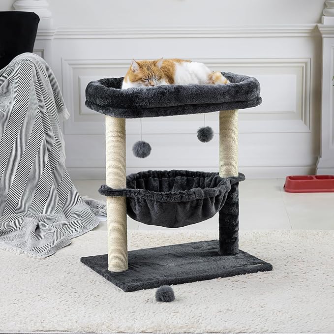 24-inch Cat Tree for Indoor Cats & Kittens – Multi-Level Cat Tower with Hammock & Scratching Post – Sturdy Perch for Large Cats – Space-Saving Small Cat Bed (Dark Gray)