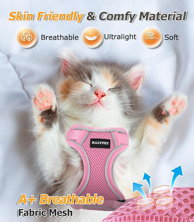 Halypet Cat Harness and Leash Set [MAX Safety 4th-Gen Upgrade] Escape Proof Adjustable Cat Leash Comfortable Soft Vest Easy to Wear Kitten Harness with Reflective Strip for Cats Walking, XS Pink