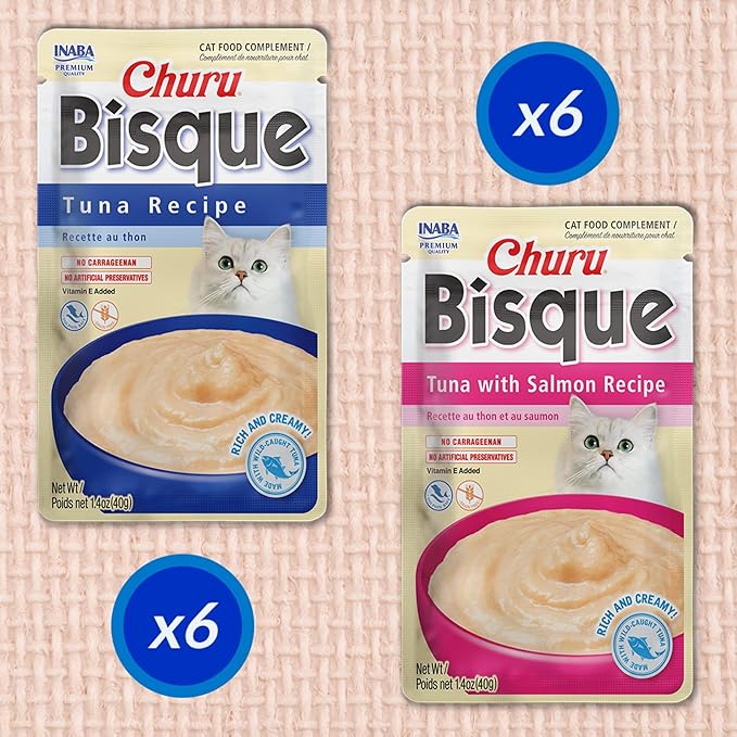 INABA Churu Bisque for Cats, Creamy Lickable Purée Side Dish with Vitamin E, 1.4 Ounces per Pouch, 12 Pouches, Tuna Variety