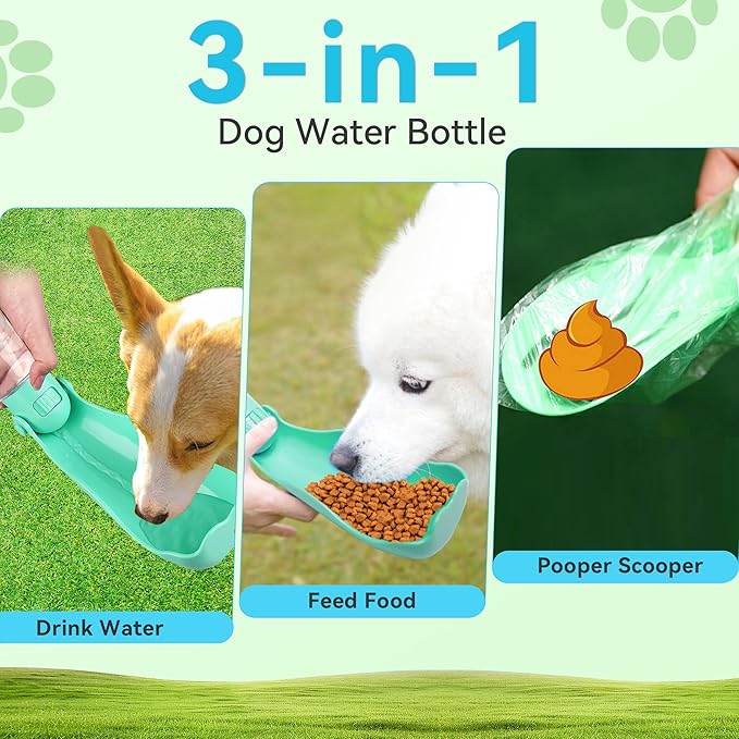 UPSKY Portable Dog Water Bottle, 3-in-1 Foldable Dog Water Dispenser with Food Container & Poop Scooper, Leak Proof, Ideal for Walking, Traveling, Hiking with Small/Large Dogs, 14.2 oz(Green)
