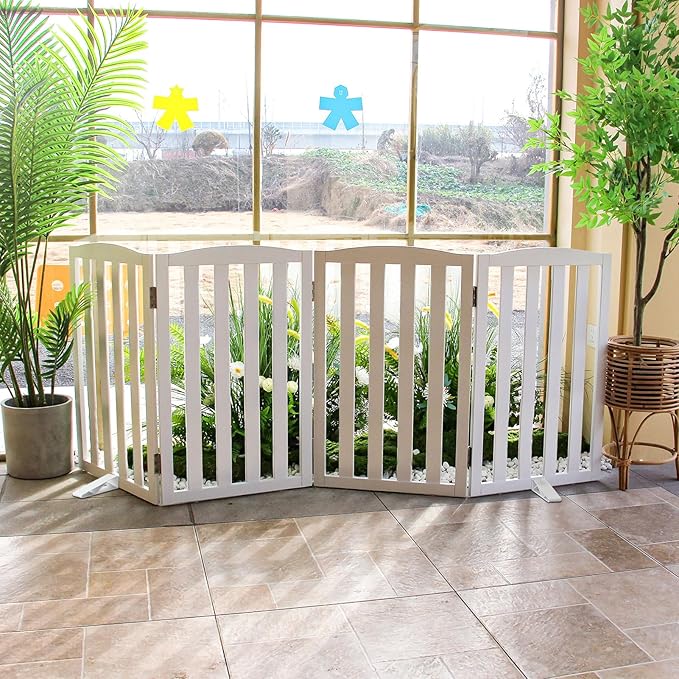 ZJSF Foldable Freestanding Indoor Dog Gate for House Wood White Long Pet Gates Dog Fence for Stairs Puppy Gates for Hallways,Pet Fence, Puppy Gate,Support Feet Included 24 "Height-2 Panels