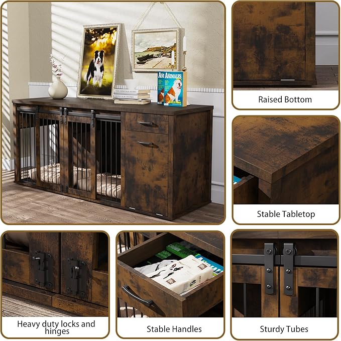 Large Dog Crate Furniture Large Breed,71 Inch Wooden Dog Crate with Tilt Out Trash Cabinet,Drawers,Divider and Sliding Barn Door, Double Doors Dogs Crate for 2 Dogs (Modern Walnut)
