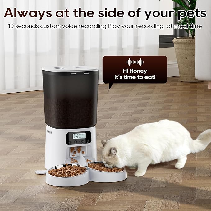 Automatic Cat Feeder,6L Timed Cat Dry Food Dispenser,Pet Feeder up to 6 Meals per Day,10S Voice Record,Flexible Schedule Timer,Auto Pet Feeder for Cats and Small Dogs (White, 6L)