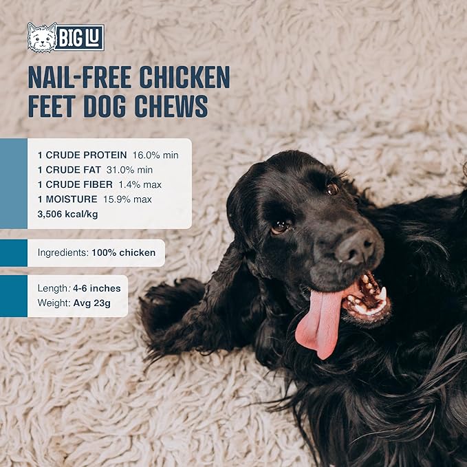 Big Lu – Nail-Free Chicken Feet Dog Chews, 100% Natural Single-Ingredient Treats, Rawhide-Free, Long-Lasting, Rich in Glucosamine and Chondroitin for Joint Health (30 Count)