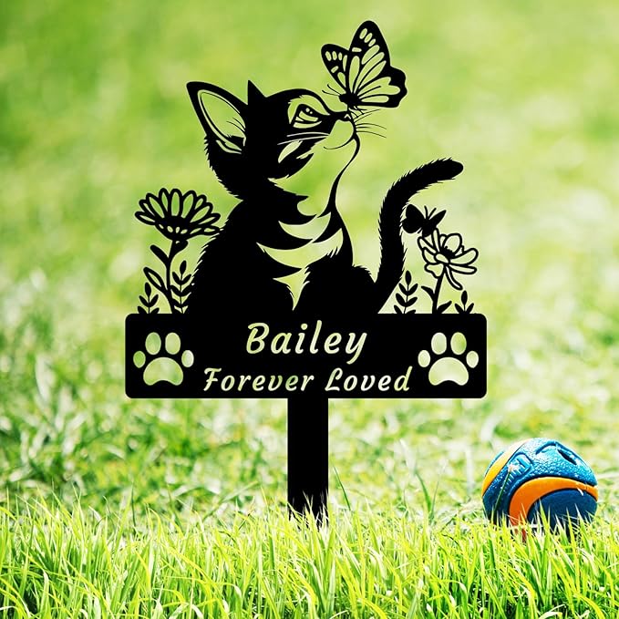 Custom Flower Cat Memorial Grave Marker Stake, Personalized Pet Grave Marker Metal Engraved Sign Butterfly Cat Memorial Garden Stake, Customized Name Cat Remembrance Stake Cat Memorial Gift