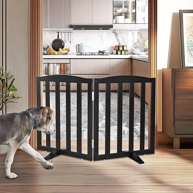 ZJSF Foldable Freestanding Indoor Dog Gate for House Wood Long Pet Gates Dog Fence for Stairs Puppy Gates for Hallways, Puppy Gate,Support Feet Included, Black, 24 "Height-2 Panels