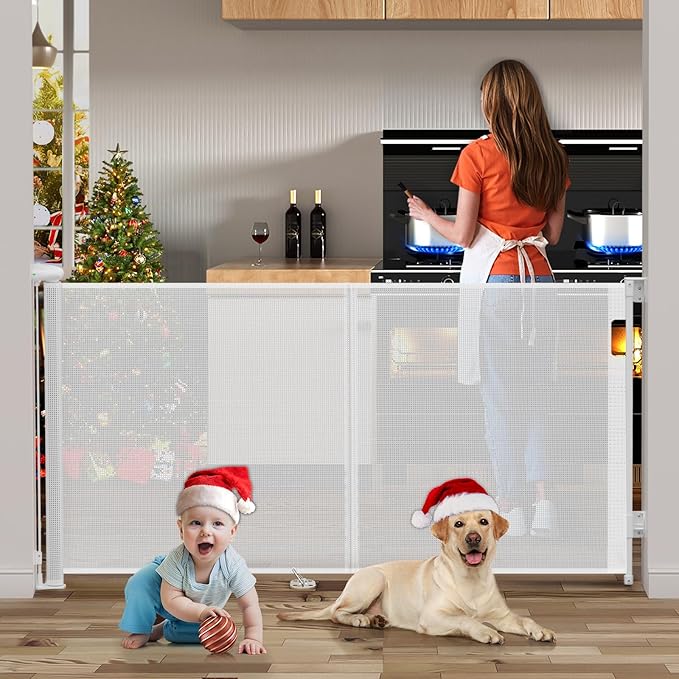 138 Inch Reinforced Retractable Baby Gates Extra Wide, Uamector Mesh Baby Gate or Dog Gate,Toddler Pet Retractable Gate Adjustable Length for Large Openings Stairs Doorways Hallway Indoor Outdoor