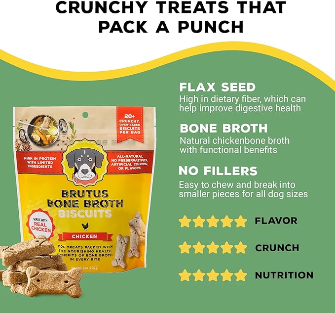 Brutus Bone Broth Biscuits (Chicken) - Healthy Dog Treats - Natural Biscuits with Dog Bone Broth and Real Chicken Meat - 18 Grams of Protein - 8 OZ (Pack of 6)