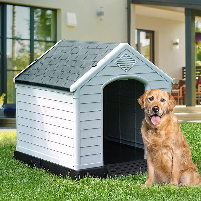 YITAHOME Large Plastic Dog House Outdoor Indoor Doghouse Puppy Shelter Water Resistant Easy Assembly Sturdy Dog Kennel with Air Vents and Elevated Floor