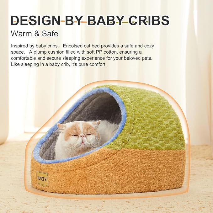 Jiupety Cat Beds for Indoor Cats, Cat Cave Bed and Kitten Bed, Hideway Cat House and Cat Tent with Anti-Slip Bottom, Washable Removable Cushion, M(16"x16"x13"), Green.